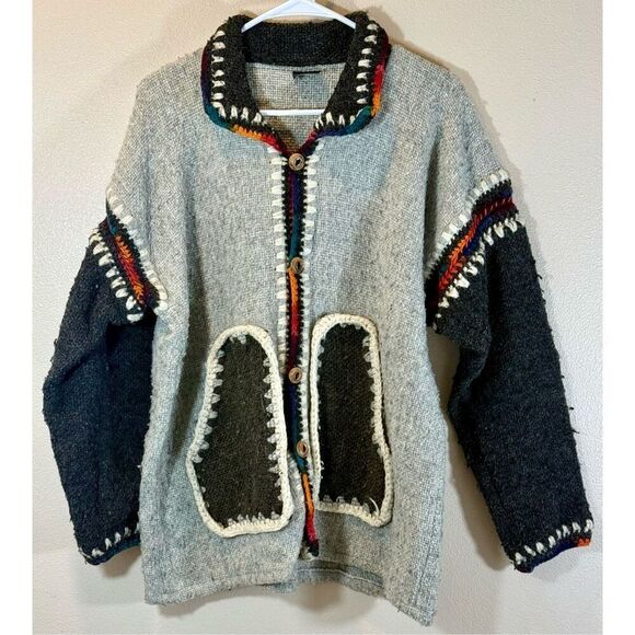 Runa Pacha Arts & Crafts 100% wool Gray Men’s Button Up Cardigan Medium - Picture 1 of 9